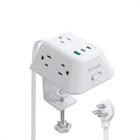 TROND front view showing five outlets and USB ports, tidy desktop benefit