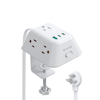 TROND front view showing five outlets and USB ports, tidy desktop benefit