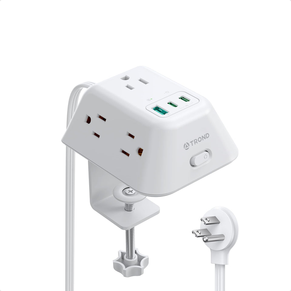 TROND front view showing five outlets and USB ports, tidy desktop benefit
