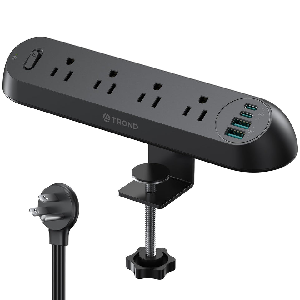 TROND front view of clamp power strip showing outlets and USB ports for organized charging