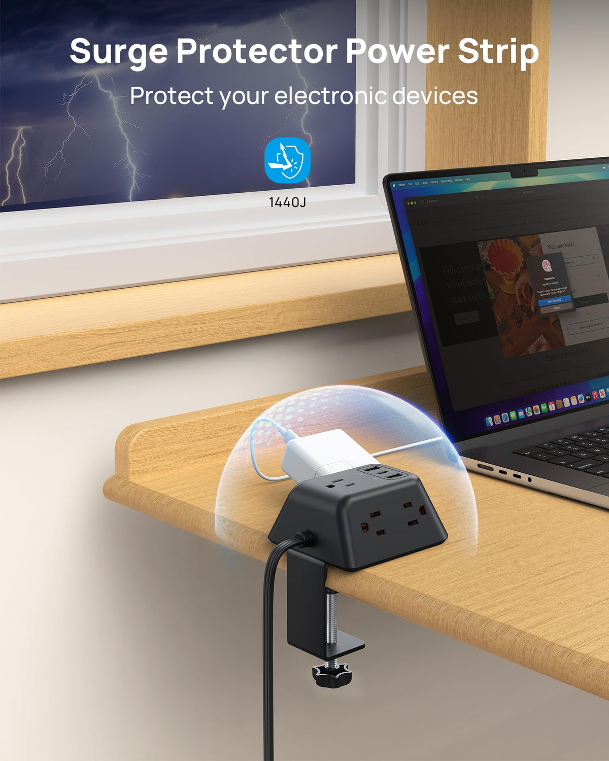 TROND desk clamp power strip six-foot cord reaches distant outlets.
