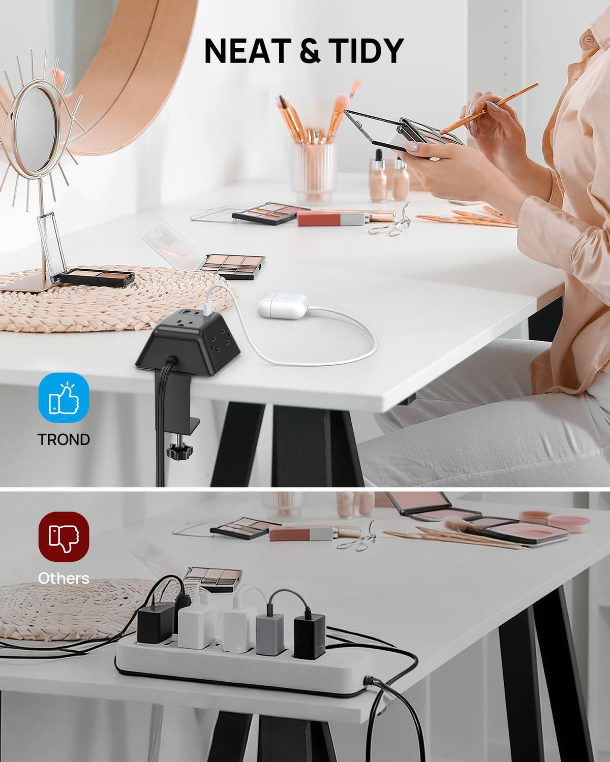 TROND desk clamp power strip accommodates bulky adapters on a clean desk.