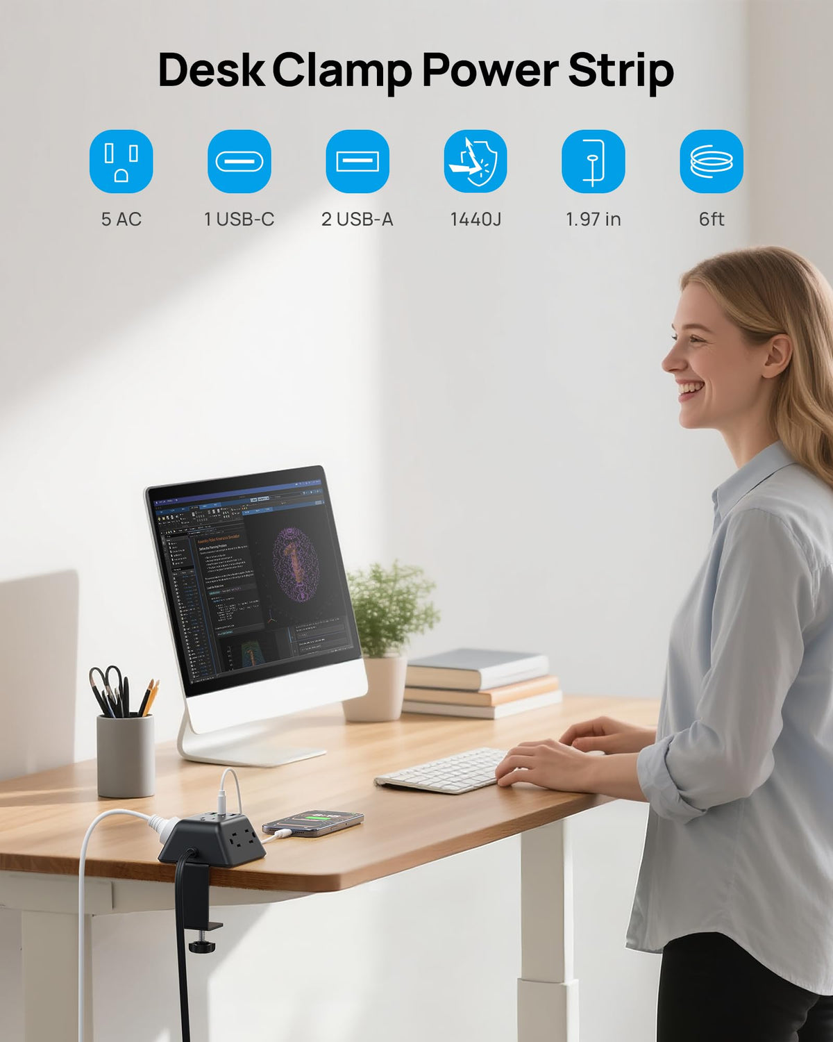 TROND desk clamp power strip mounted on edge for secure desk organization.