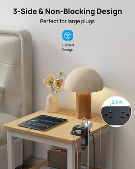 TROND desk clamp power strip flat plug design blends behind furniture.
