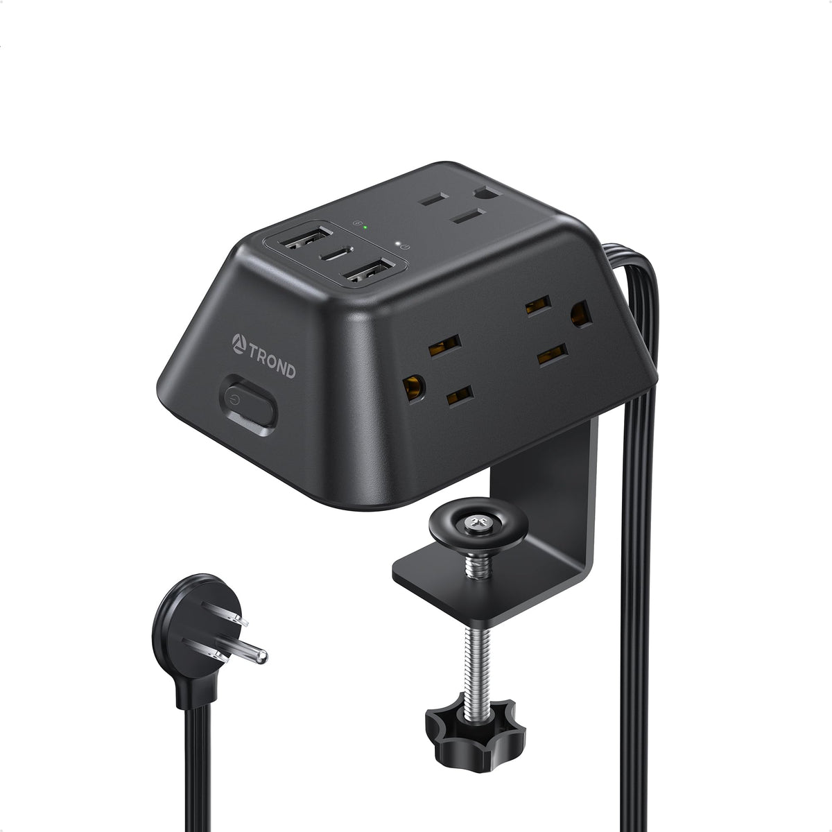 TROND desk clamp power strip front view with five outlets for bulky adapters.
