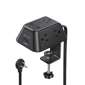 TROND desk clamp power strip front view with five outlets for bulky adapters.