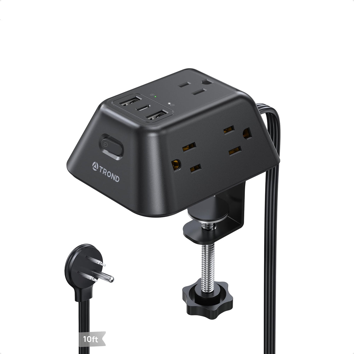 TROND desk clamp power strip front view showing neat mounted power access