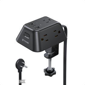 TROND desk clamp power strip front view showing neat mounted power access