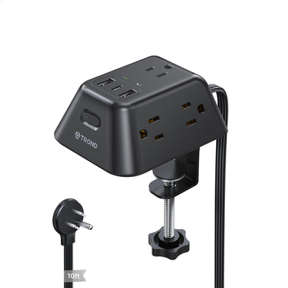 TROND desk clamp power strip front view showing neat mounted power access