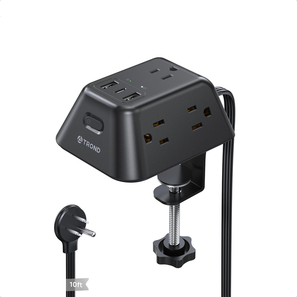 TROND desk clamp power strip front view showing neat mounted power access