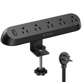 TROND desk-clamp power strip mounted on desk edge for quick, organized charging.