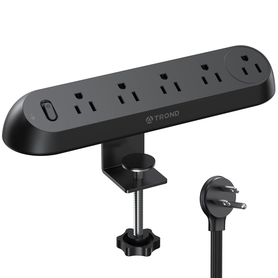 TROND desk-clamp power strip mounted on desk edge for quick, organized charging.