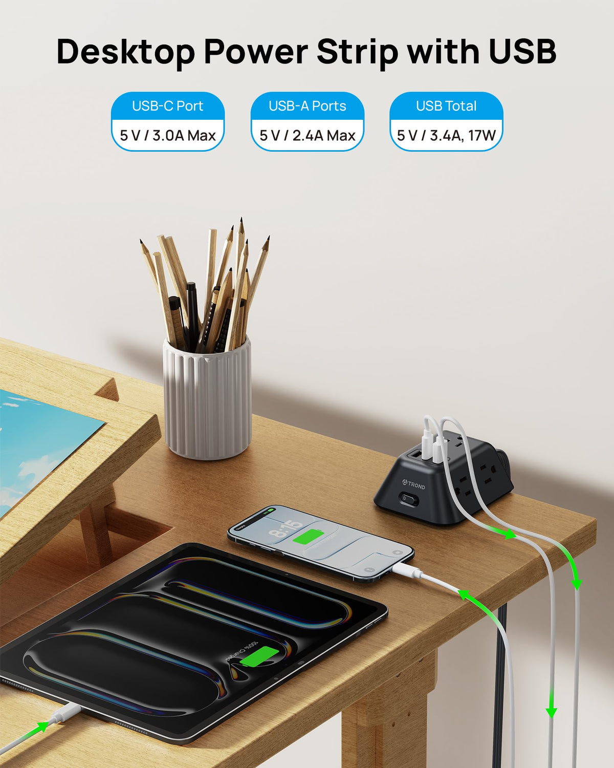 TROND desk clamp power strip surge protection guards valuable equipment.