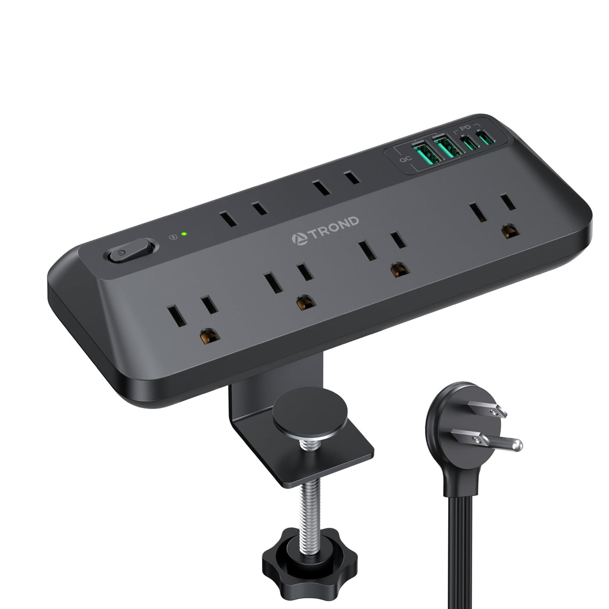 TROND desk clamp power strip top view with six outlets for easy connectivity