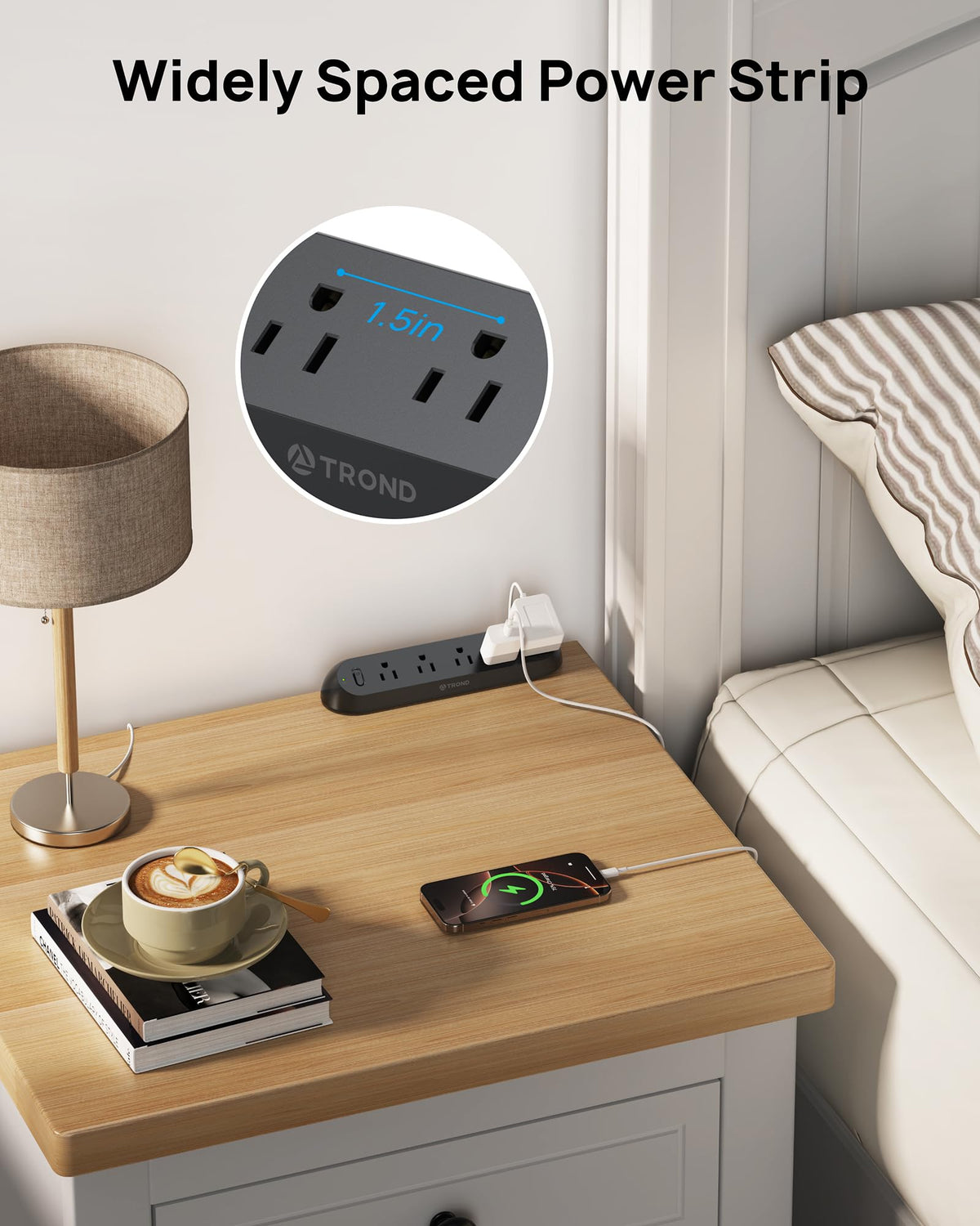 TROND ETL-listed power strip in use on a black desk setup.