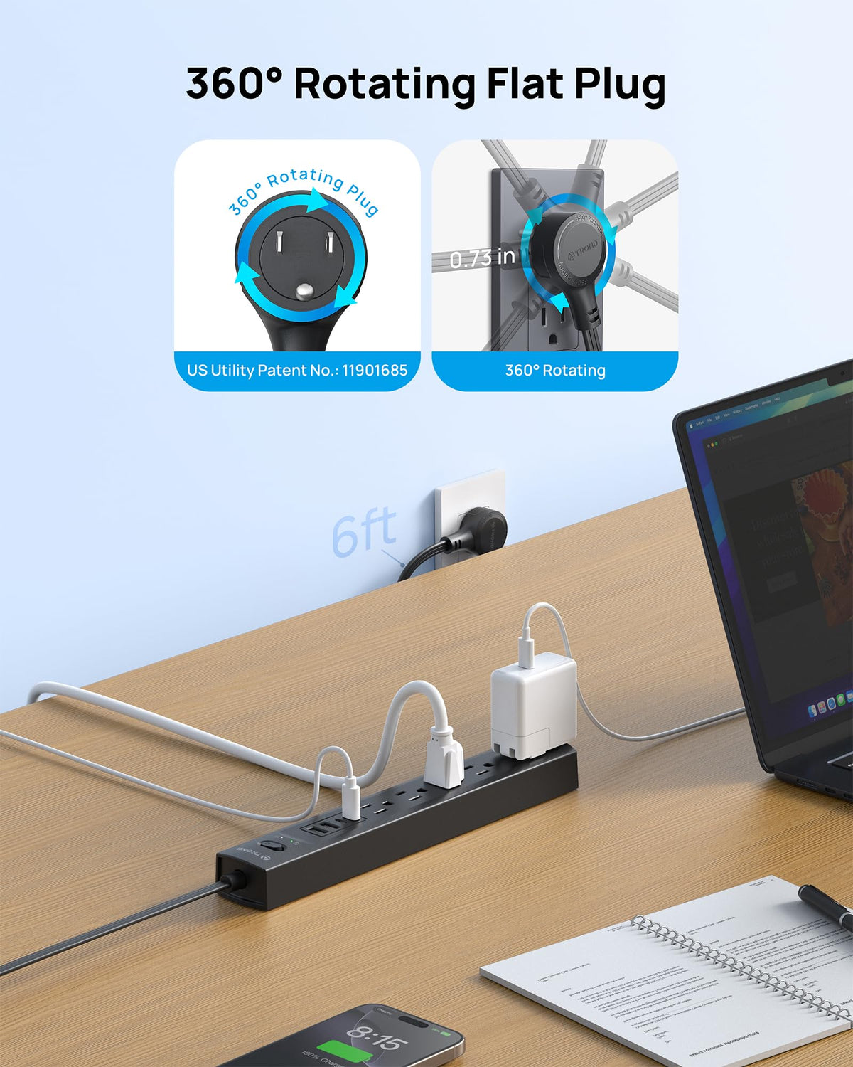 TROND five-outlet strip with wide spacing supports multiple devices.