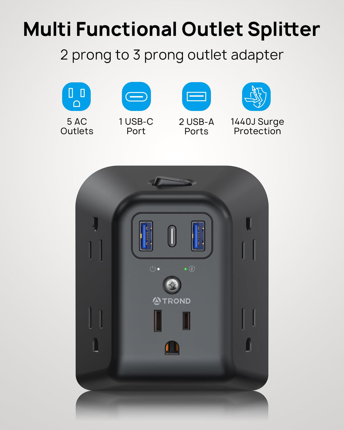 TROND five outlets with USB ports provides convenient charging for multiple devices.