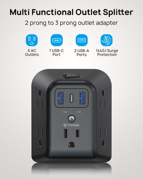 TROND five outlets with USB ports provides convenient charging for multiple devices.