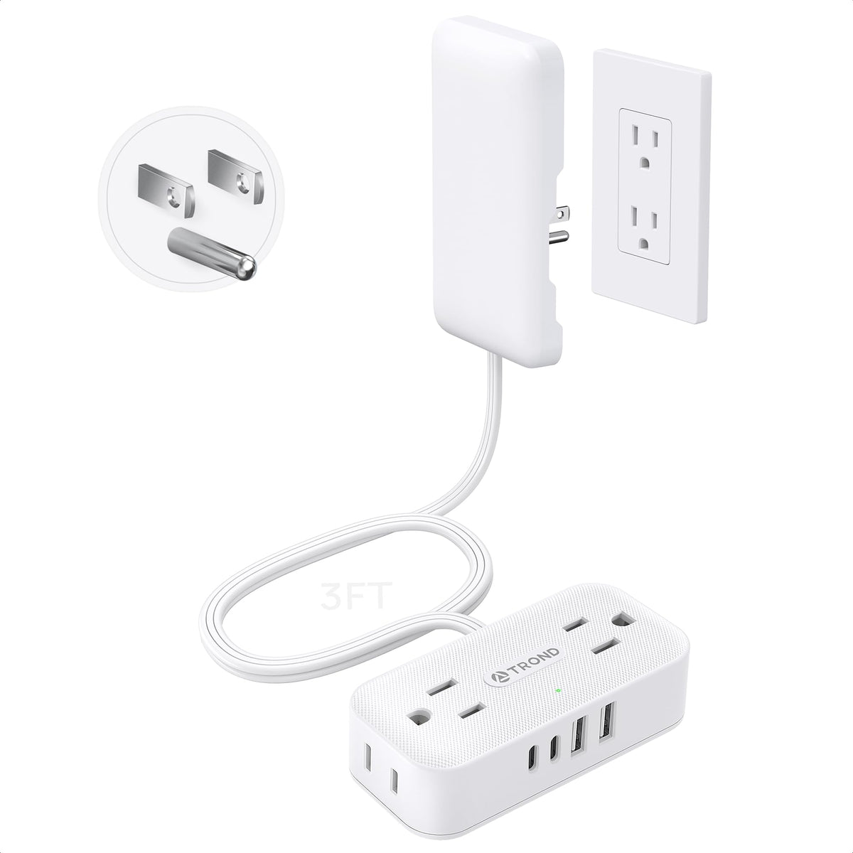 TROND flat extension cord with ultra-thin outlet cover hides wall outlets for a sleek look.