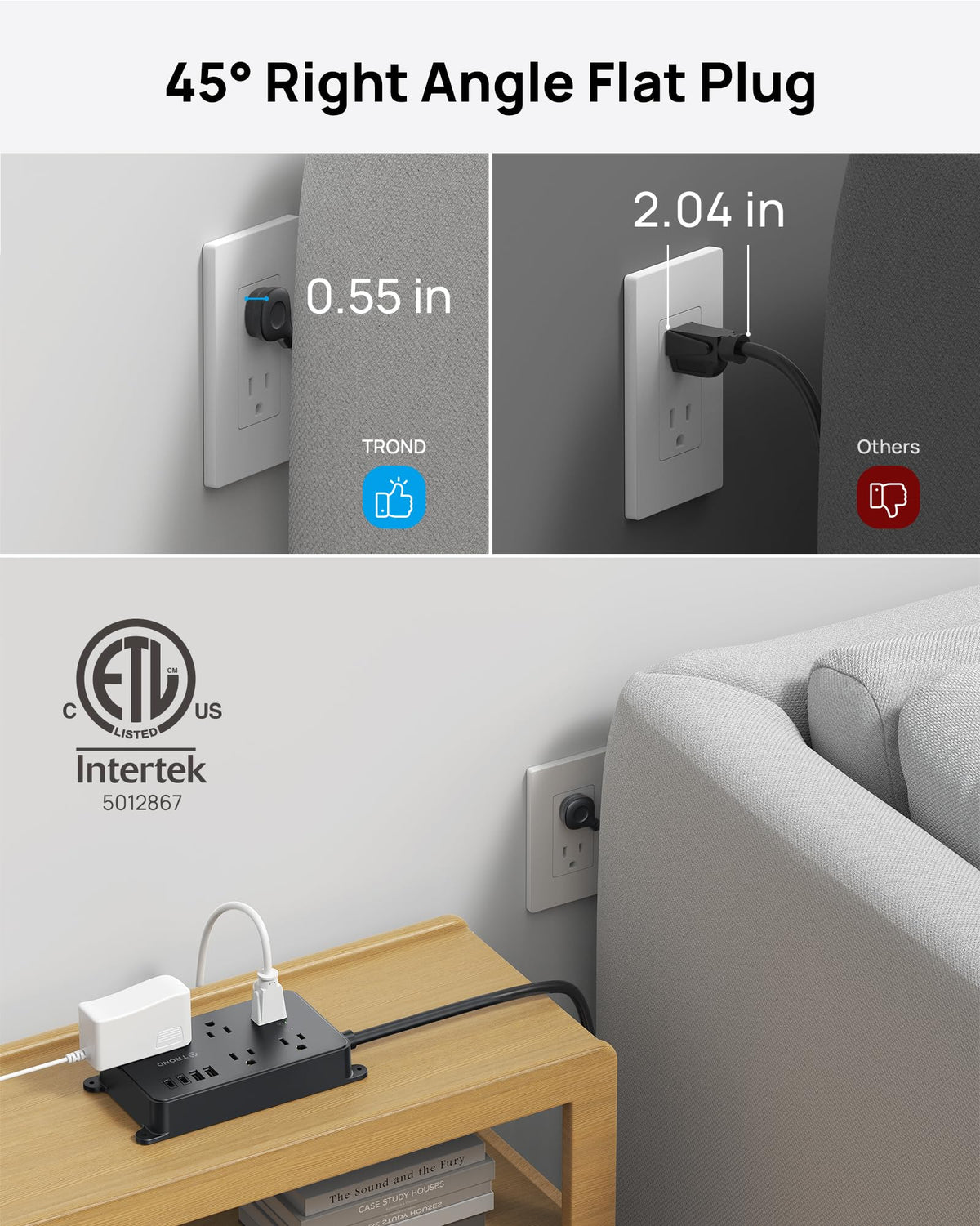 TROND angled flat plug low-profile design, reduces wall obstruction benefit