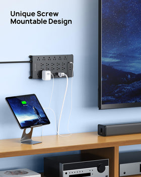 TROND flat 45-degree plug and 15ft cord, demonstrates low-profile placement behind furniture