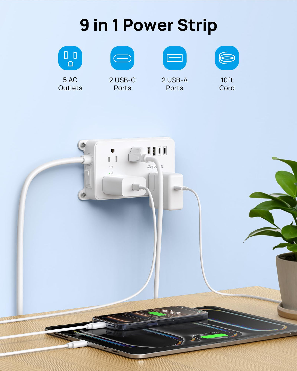 TROND angled flat plug close-up keeps furniture flush and saves outlet space