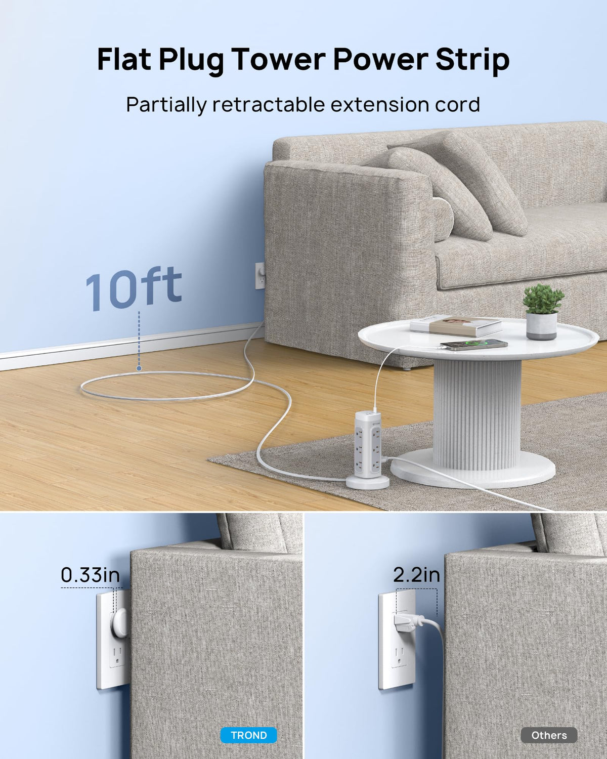 TROND flat plug closeup, 0.33-inch slim plug for low-profile furniture placement