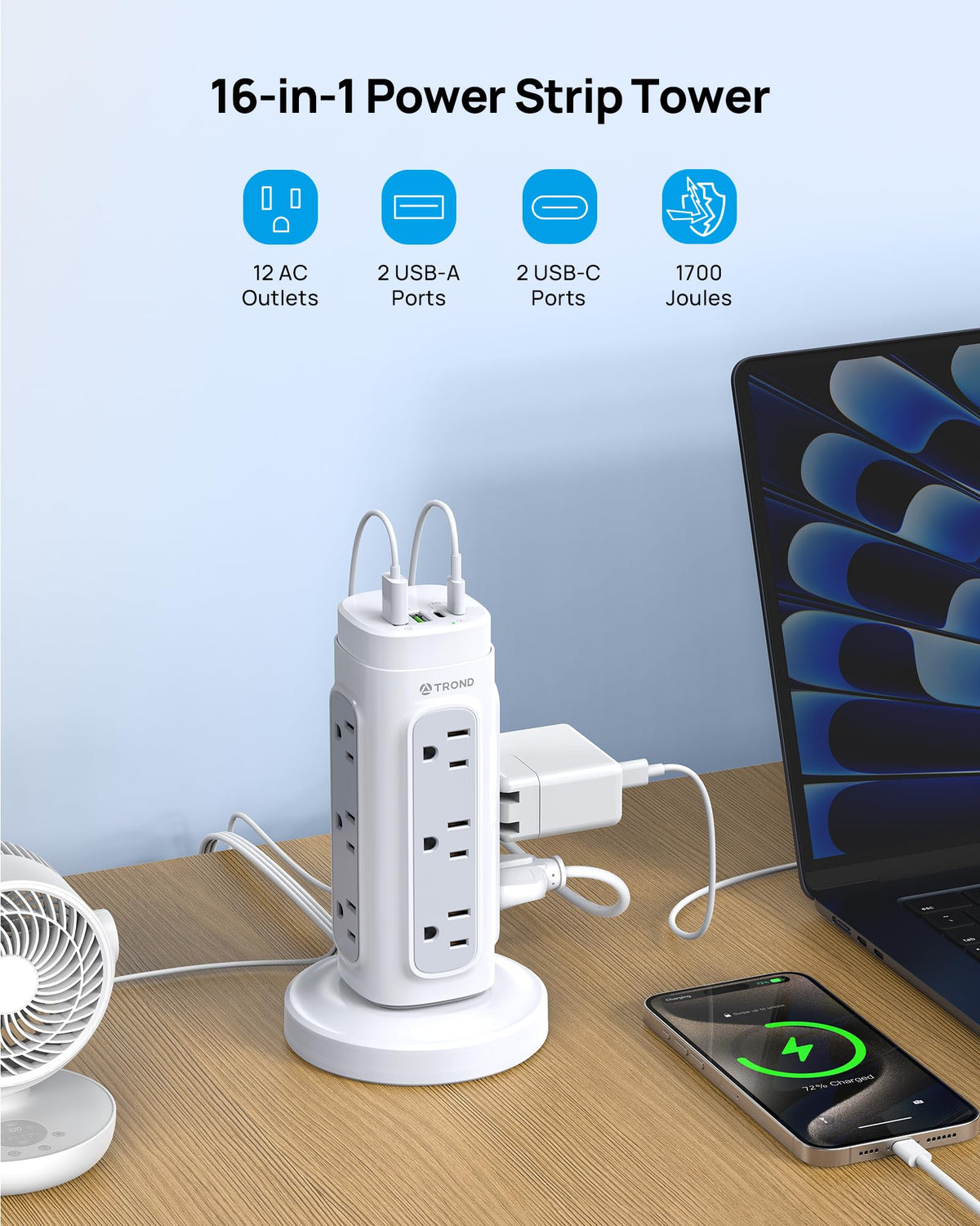 TROND flat plug closeup demonstrating slim 0.33 inch profile to save space