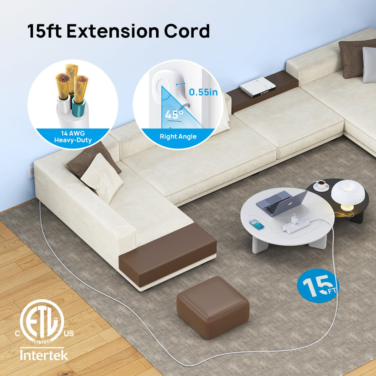TROND close-up of 45° flat plug demonstrating space-saving behind furniture