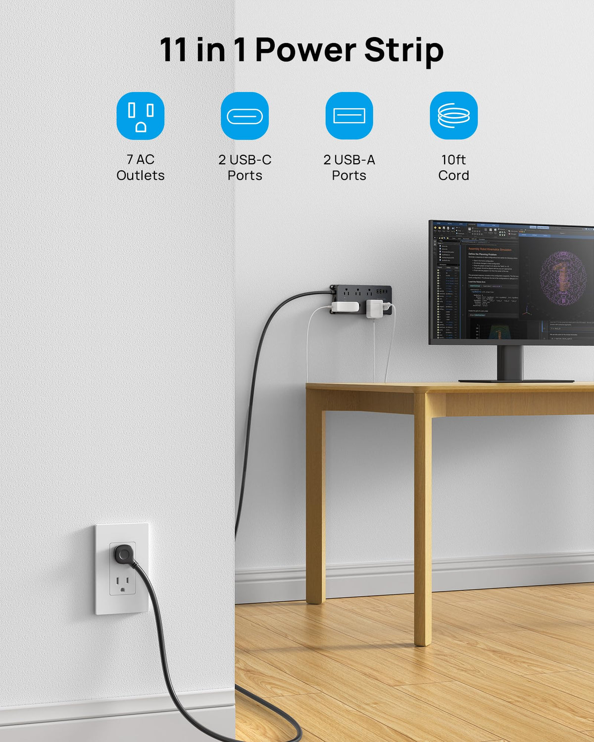 TROND flat plug and 10ft heavy-gauge cord reducing outlet obstruction
