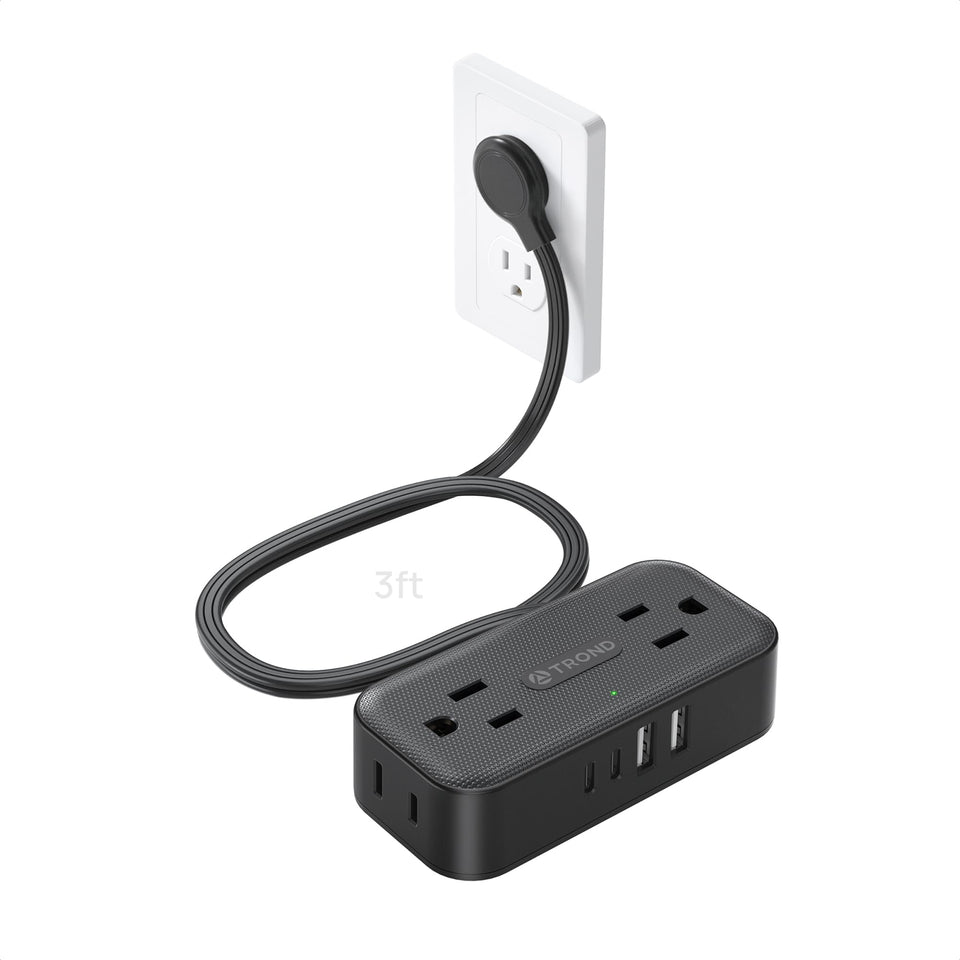 TROND flat plug power strip compact design for tight spaces and dorm rooms.