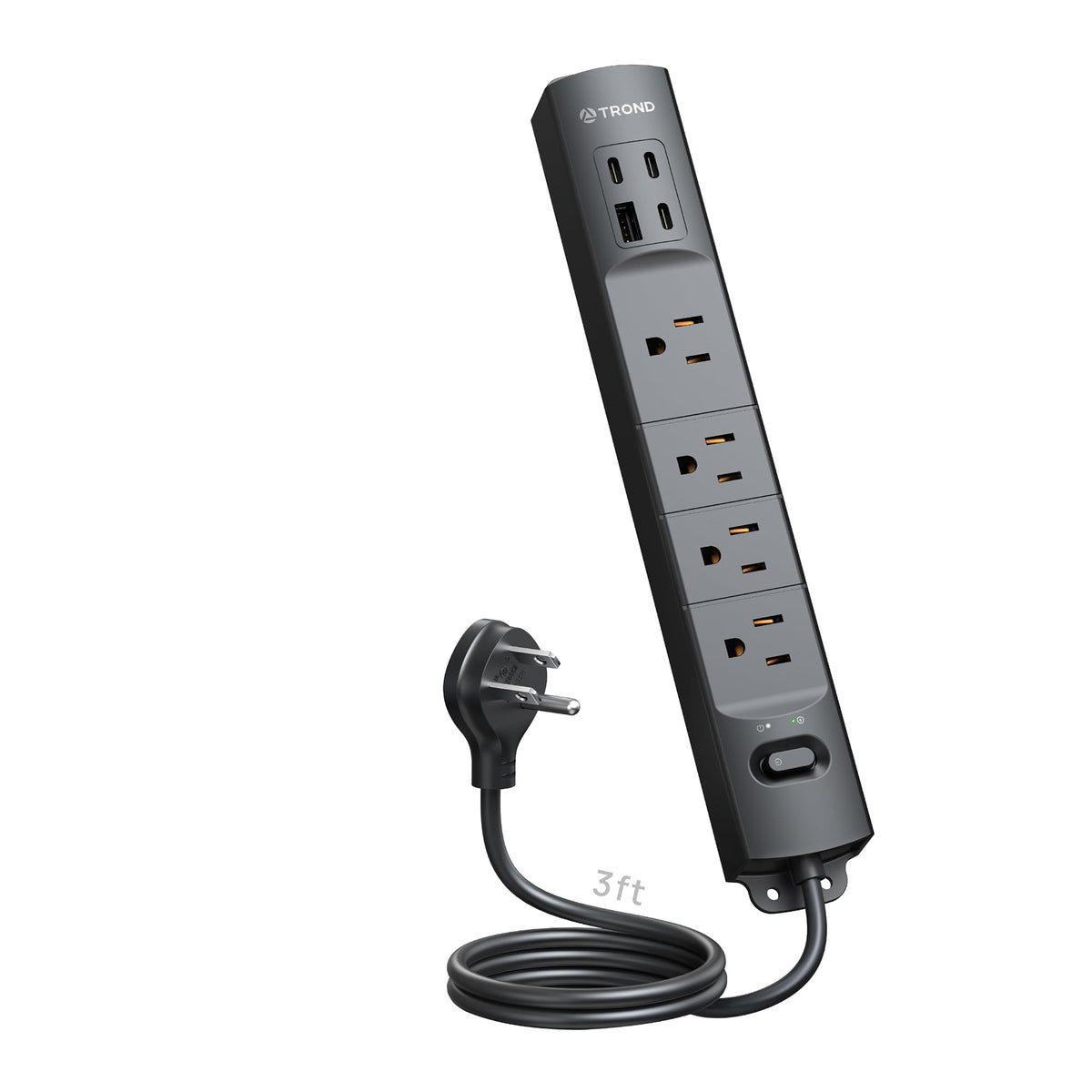 TROND flat plug power strip angled front showing space-saving profile