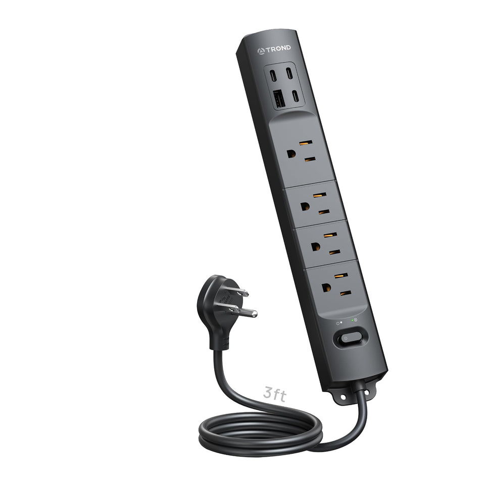 TROND flat plug power strip angled front showing space-saving profile
