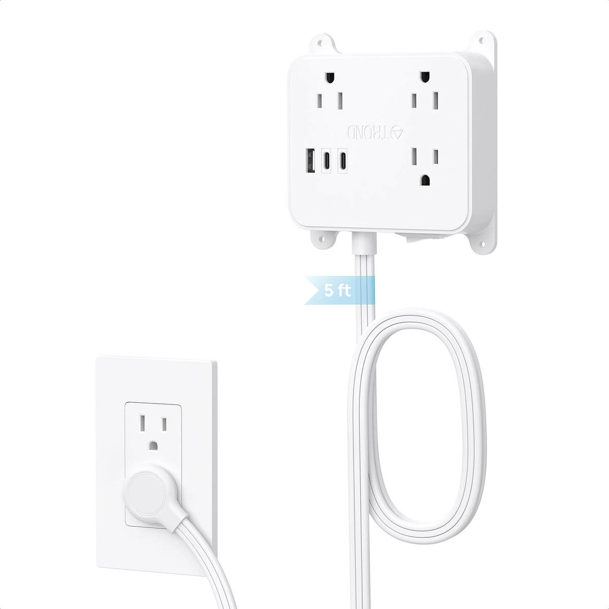 TROND flat plug power strip tucked behind TV for clean cable management