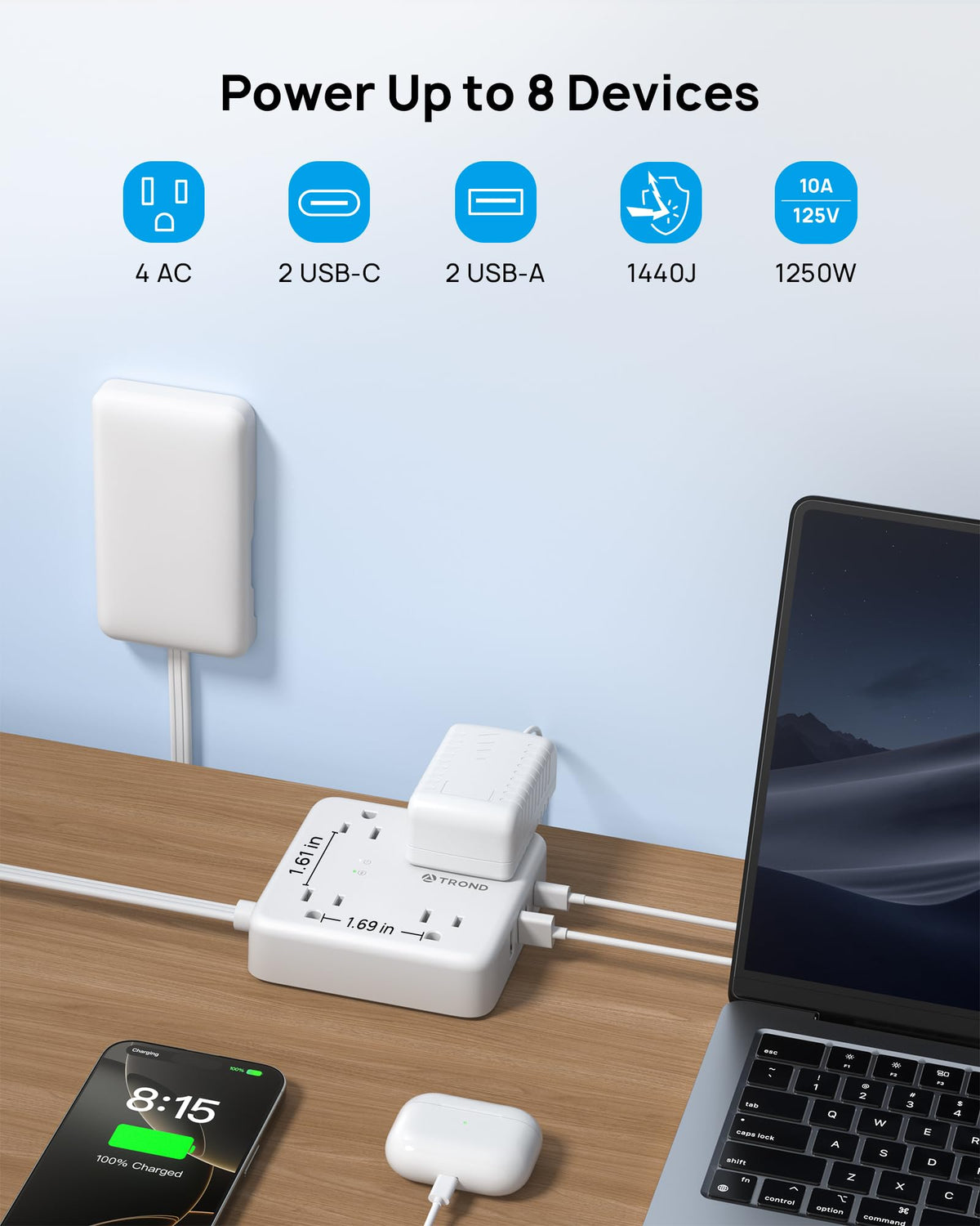 TROND flat plug power strip compact profile fits behind furniture with ease