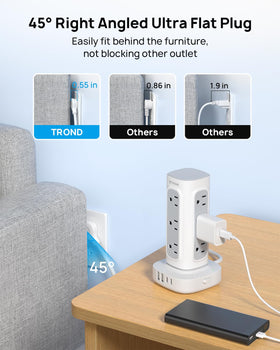 TROND flat plug power strip fits behind furniture.