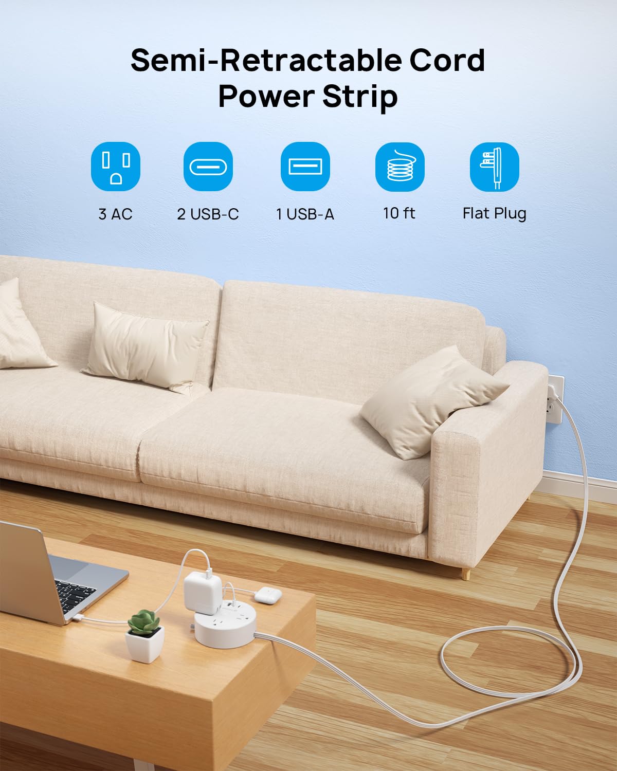 TROND 10ft extension cord enables flexible placement around a desk.