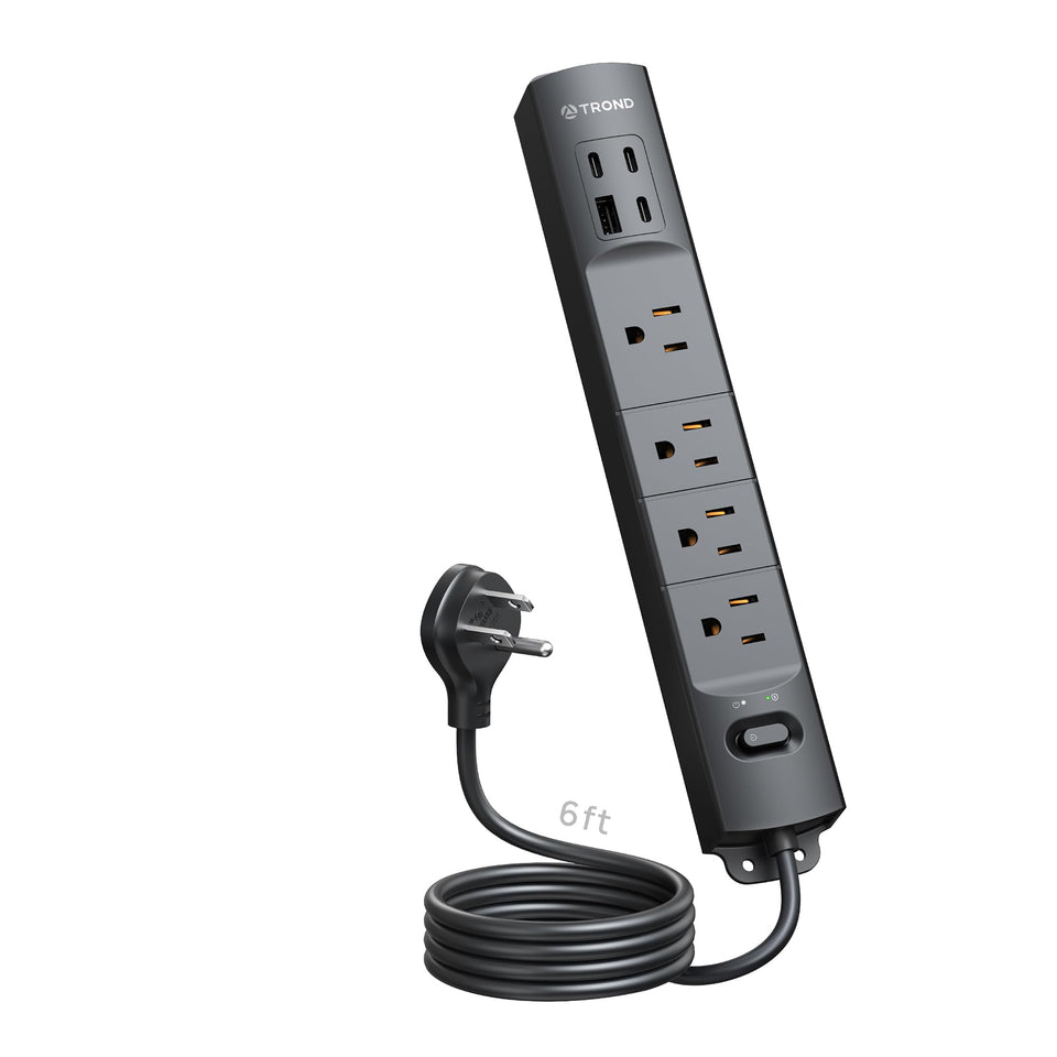 TROND flat plug power strip front view showing space-saving design for tidy desks