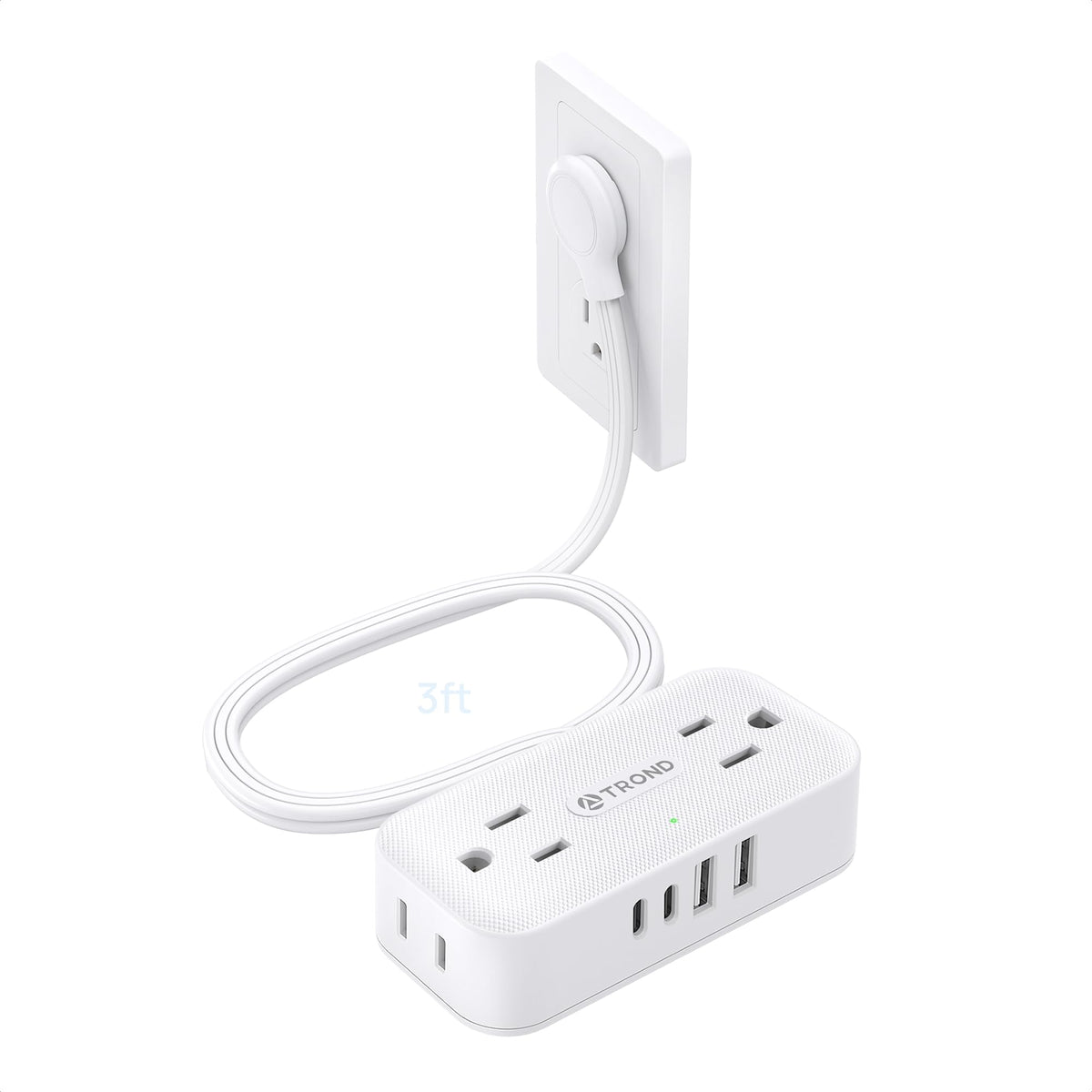 TROND flat plug power strip front view shows compact design for travel and tight spaces.