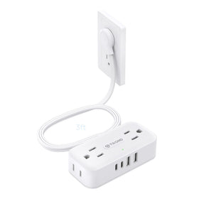 TROND flat plug power strip front view shows compact design for travel and tight spaces.