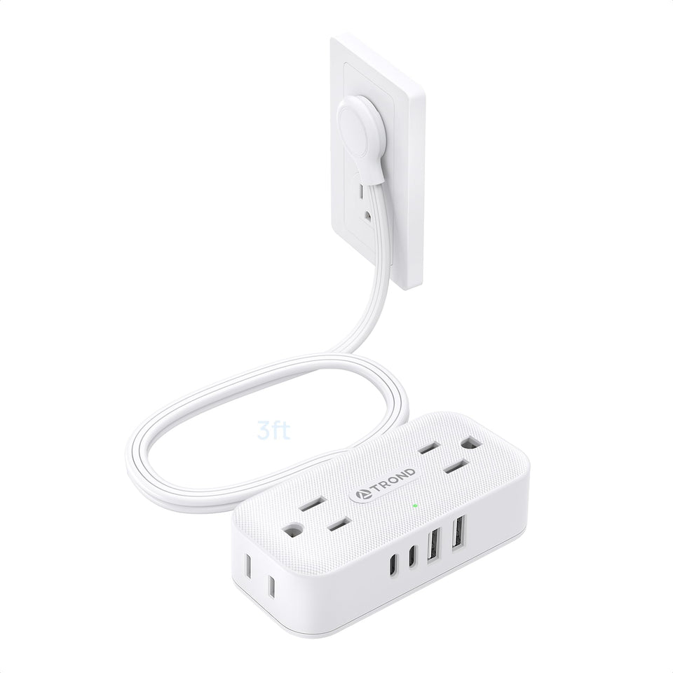 TROND flat plug power strip front view shows compact design for travel and tight spaces.