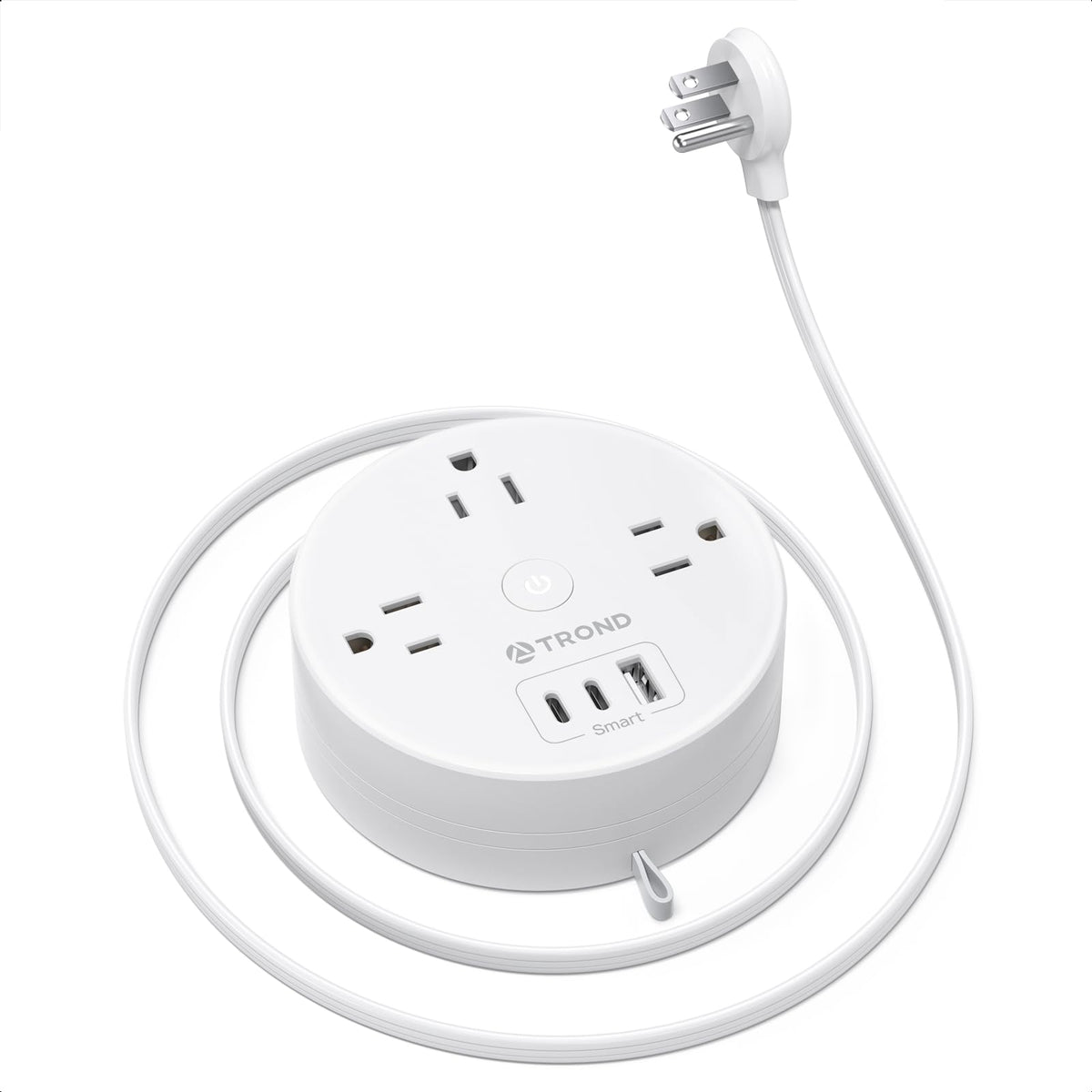 TROND flat plug power strip front view shows easy access to outlets and USB ports.
