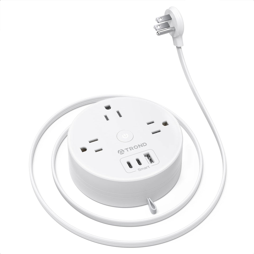 TROND flat plug power strip front view shows easy access to outlets and USB ports.