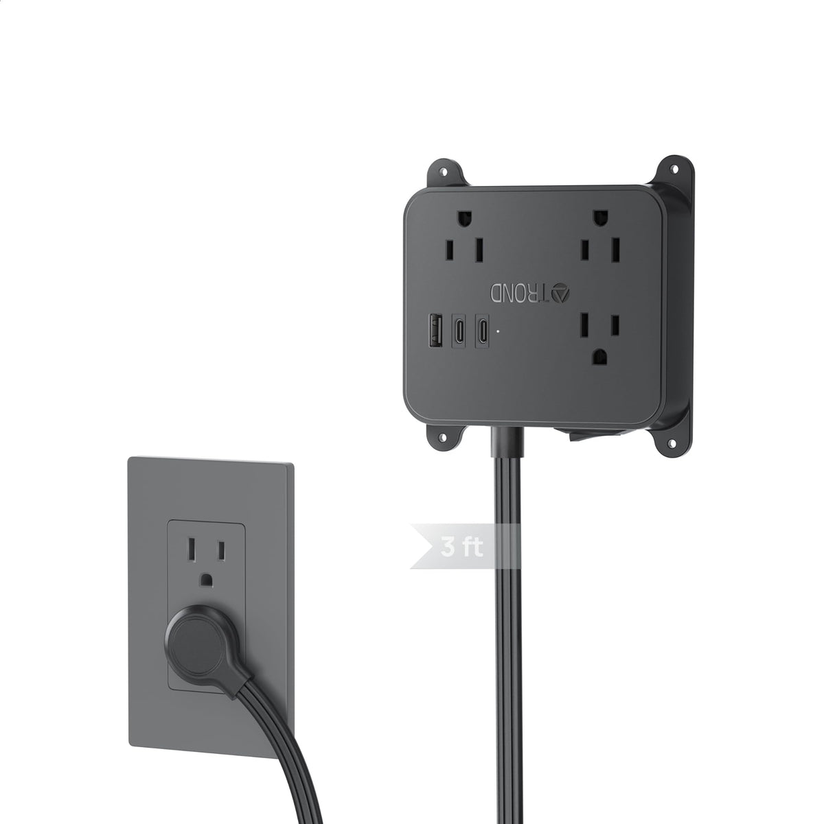 TROND flat plug power strip mounted behind a TV for tidy entertainment setup