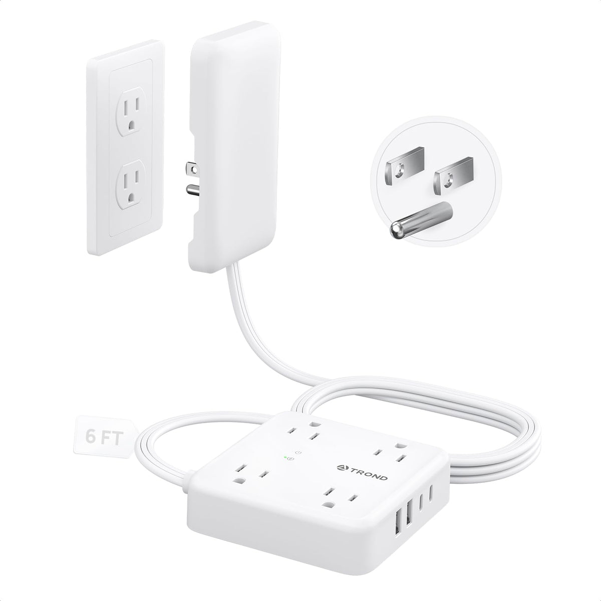 TROND flat plug power strip with outlet cover hides cords for a tidier wall