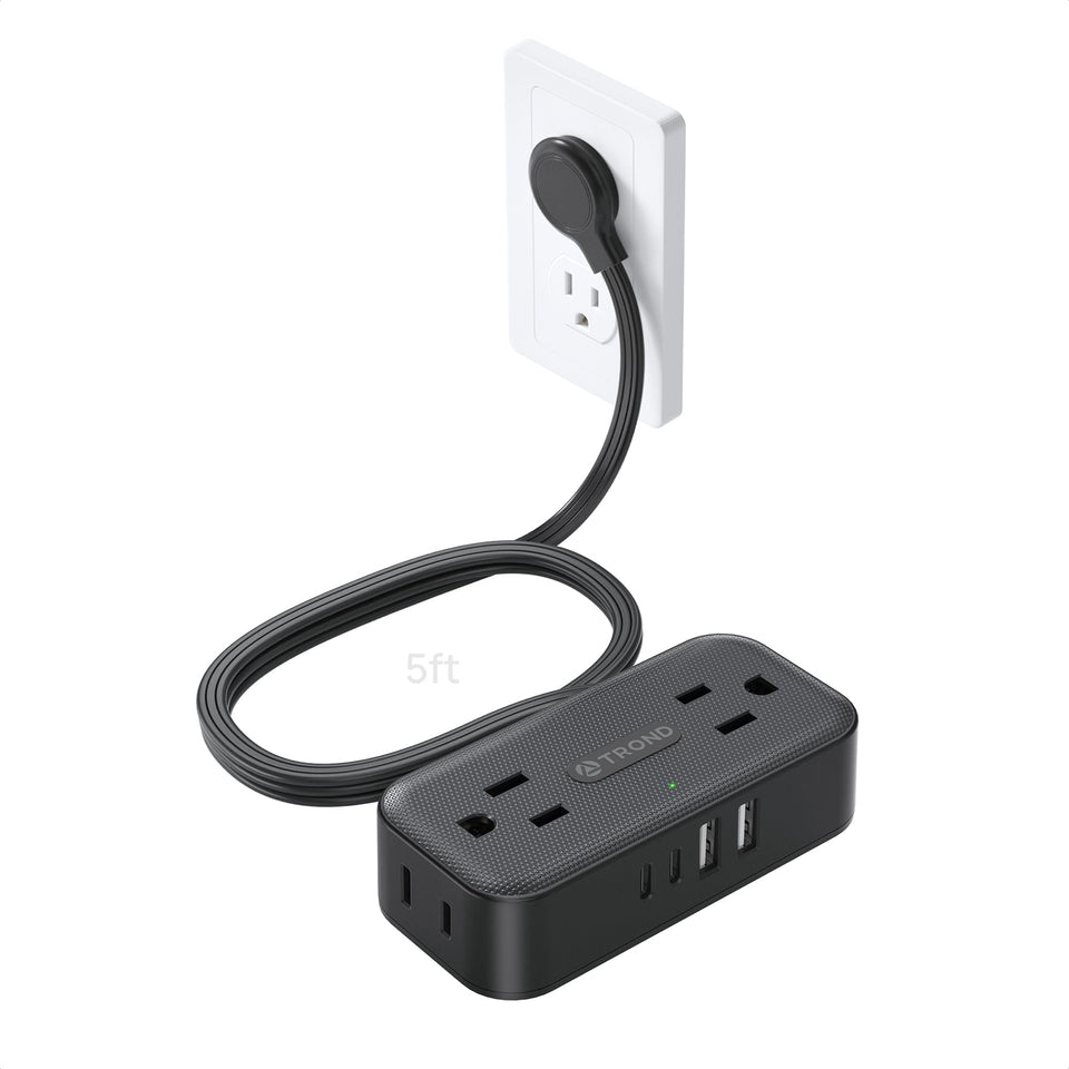 TROND flat plug power strip with widely spaced outlets for bulky adapters