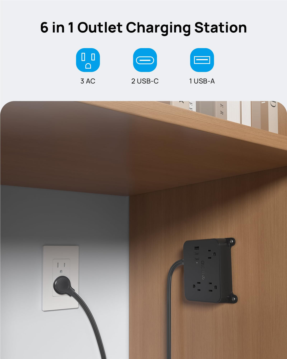TROND power strip under a desk saves space and reduces clutter