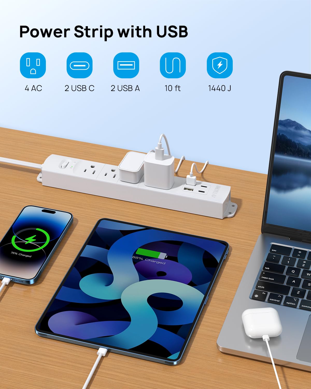 TROND power strip in dorm setup showing versatile outlets for student living