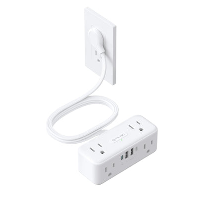 TROND power strip with a flat-plug profile saves space beside furniture.