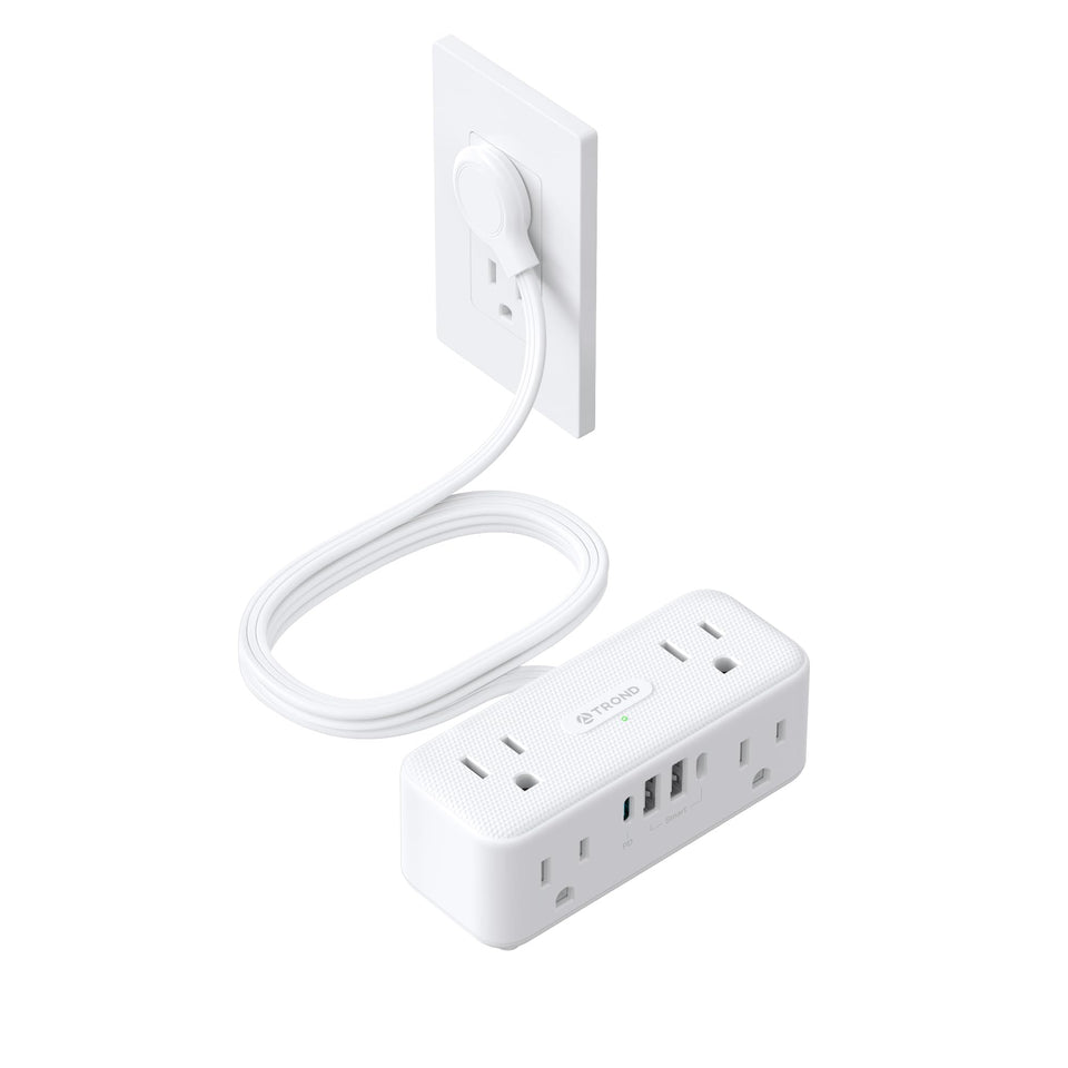TROND power strip with a flat-plug profile saves space beside furniture.